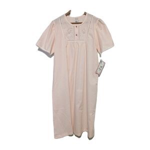 NOS Vintage 90s Pink Barbizon  Nightgown S Cotton Bl Emb Lace Rhinestone Button